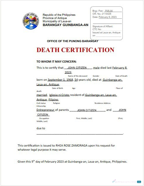Download Philippines municipality of Laua an Office of the Punong Barangay death certificate Photoshop template